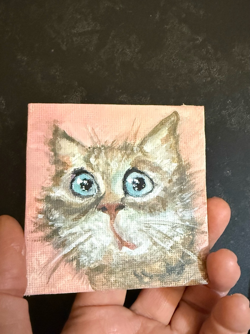 Hand-Painted Pink Cat Portrait Mini Canvas, fridge, office magnet 3”x 3”